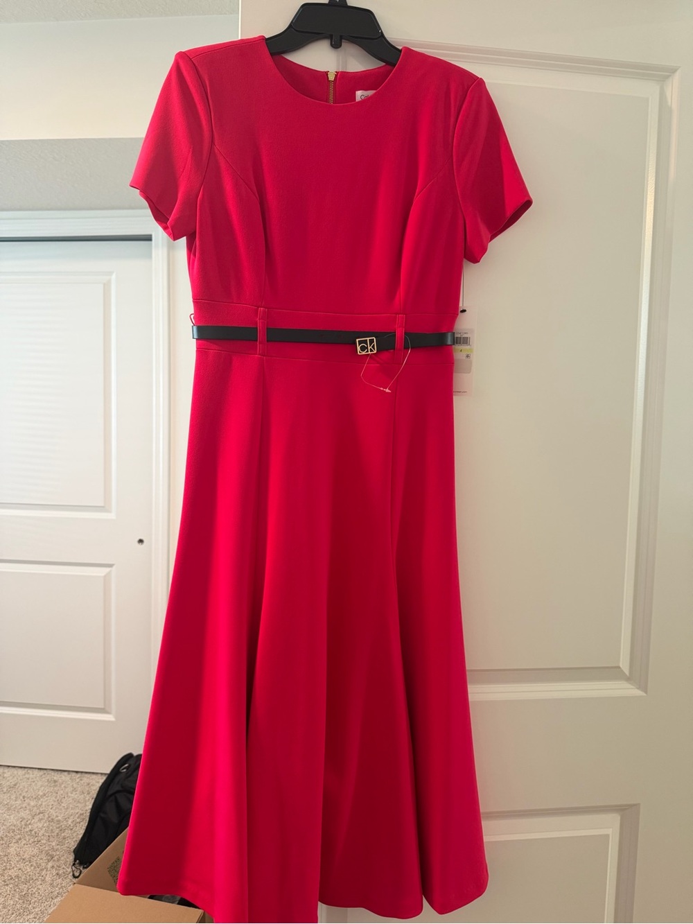 Elegant Red Fit-and-Flare Dress with Belt